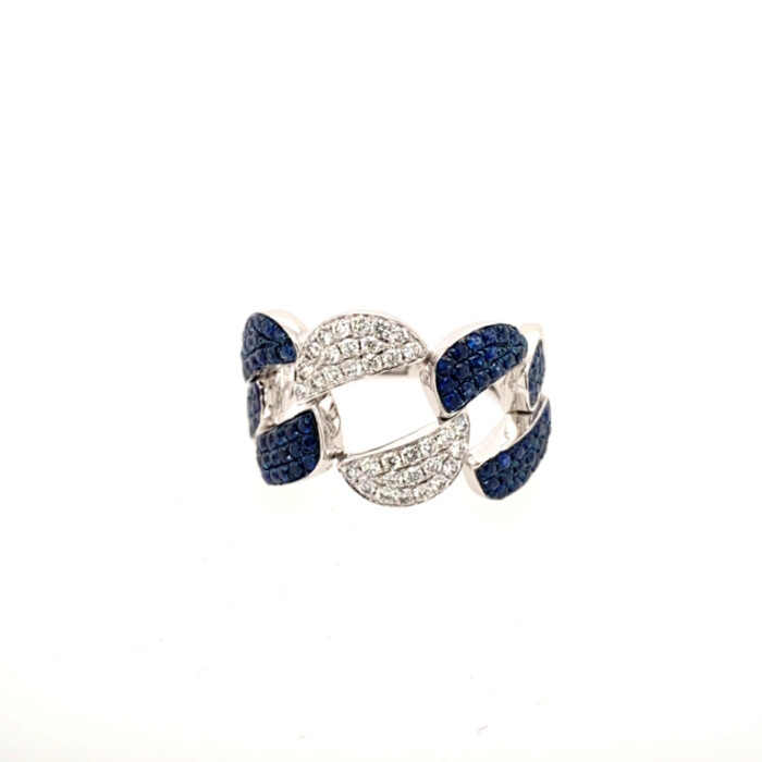 ESTATE .99CT DIAMOND & AAA SAPPHIRE 18KT WHITE GOLD 3D MULTI OVAL LINK FUN RING