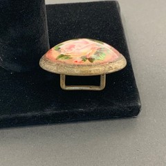 Antique Victorian Rose Glass Cabochon Scarf Slide Sash Pin Pink Floral Brass Ton