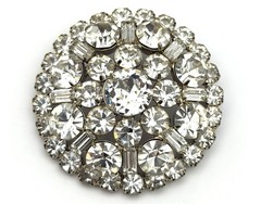 Vintage Large Clear Rhinestone Brooch Pin Domed Round Clear Crystal Silver Tone
