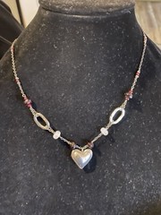 Vintage J&I Sterling Silver Puffy Heart W Amethyst And Milky Quartz Necklace