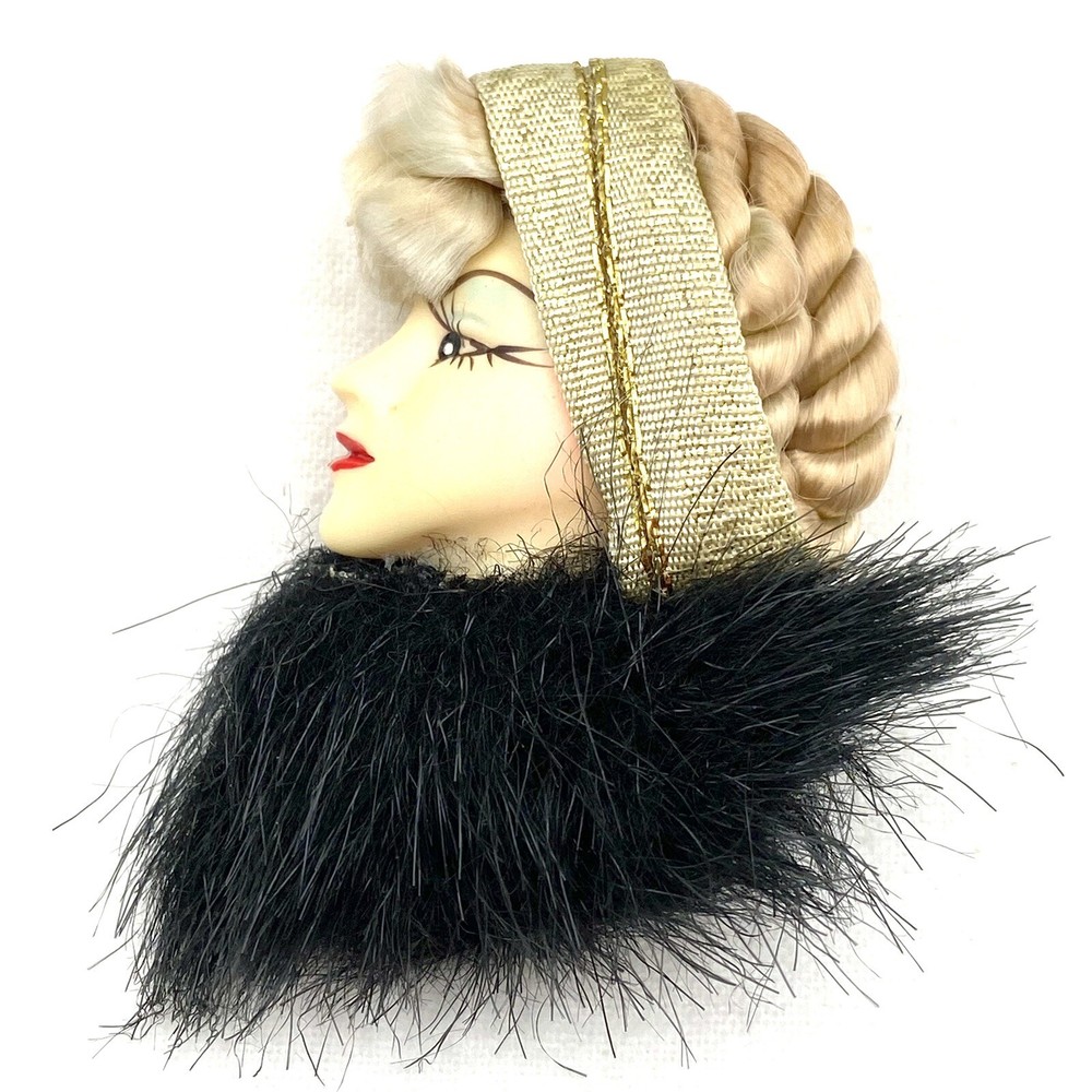 Vtg GoldTone Brooch 1980’s Fashion Lady Fur Headband Blonde Braided Hair Bangs O