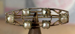 Antique Art Deco Brooch Pin, Faux Pearl Over Square Glass, Gold Tone 1.5″