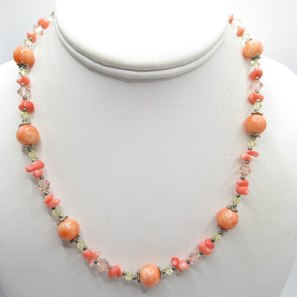 Contemporary Modern Orange Faux Coral Shell Crystal Necklace