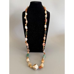 Vintage Beggars Bead Necklace 34″ Opera Long Polished Stones Colorful Heavy