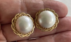 15.5mm Mabe Pearl 14K Yellow Gold Omega Back Estate Earrings 9.6 Grams