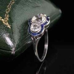 Art Deco Style Lab-Created Diamond Sapphire Three Stone Ring 14 White Gold FN