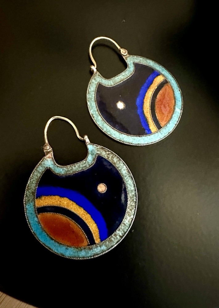 925 Sterling Cloisonné Enamel Disc Hoop Earrings Shashi Double Sided 10.6g