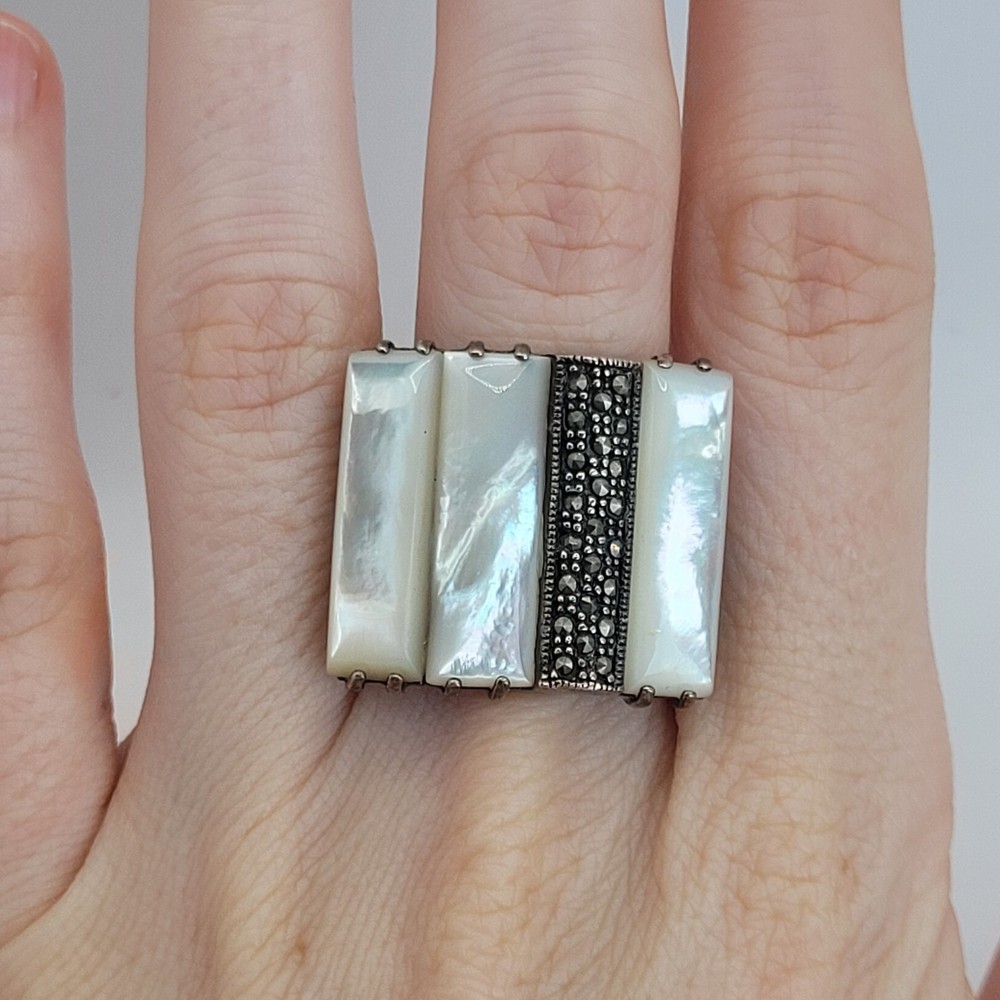 Vintage Sterling Silver Mother of Pearl Marcasite Panel Statement Ring Size 6.25