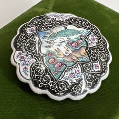 Antique 1900s Persian Middle Eastern Enamel Painted Pin Brooch Peacock Deer