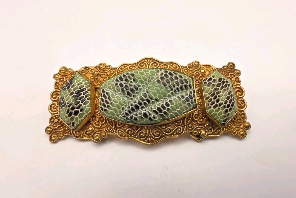 Vintage Signed Czechoslovkia Green/Black/White Snake Skin Pressed Glass Brooch
