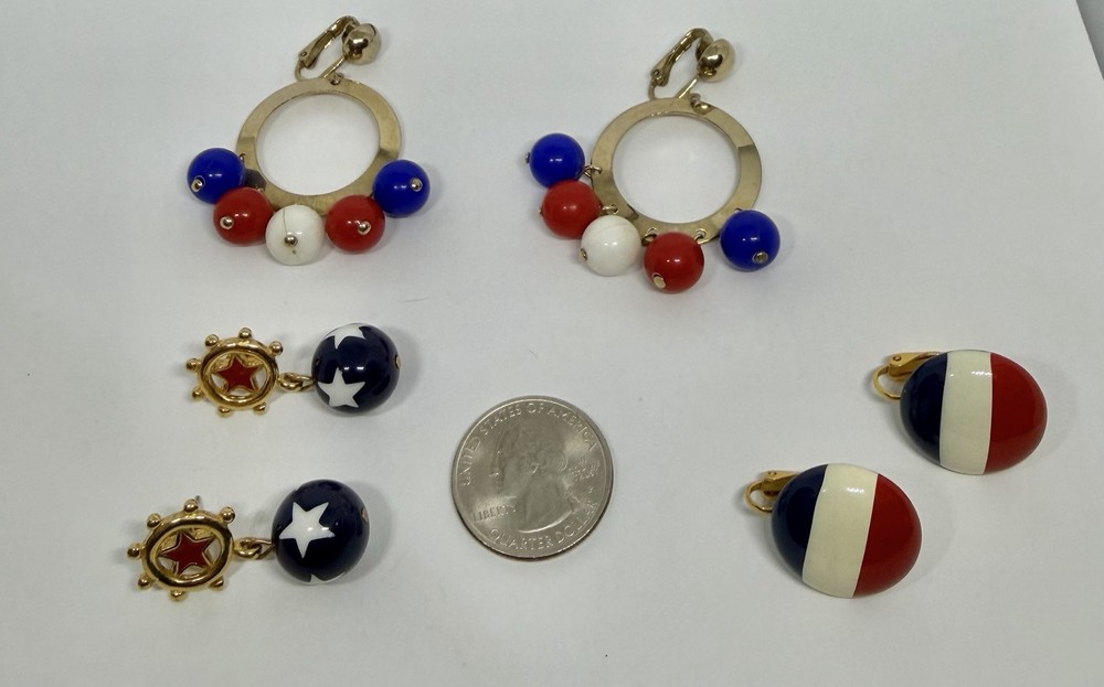 Vintage Mid Century Patriotic LOT of 3 Red, White & Blue Earrings #4th Of July