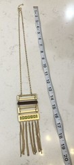 Unique Statement Gold Tone Necklace with Pendant Wood Rhinestone Dangle Boho Art