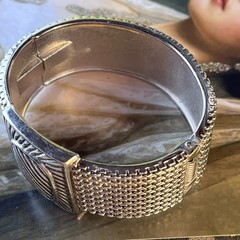 Vtg Brutalist Silvertone Hinged Cuff Bracelet -Textured – Modernist – Size 6.75”