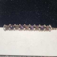 Vintage Purple Cabochon Ornate Link Bracelet Silver Tone Victorian Style 6.25 in
