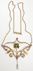 Antique Art Nouveau 1900’S Diamond Pearl Enamel Necklace 17 1/2″ 14K Yellow Gold