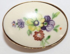 Vintage Dainty Porcelain Hand Painted Pin Oval Brooch / Pendant Flowers 1 in