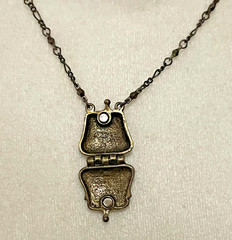 Vintage VCLM Brass Tone Purse Brown Rhinestone Locket Pendant Necklace
