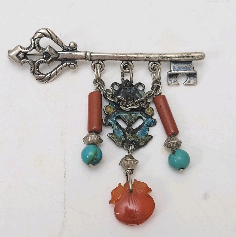 Vintage Chinese Chatelaine Key Brooch Pin Silver Turquoise Coral Carnelian Jade