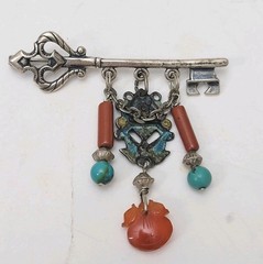 Vintage Chinese Chatelaine Key Brooch Pin Silver Turquoise Coral Carnelian Jade