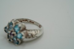 Vintage Blue Topaz Amethyst Flower Sterling Silver Ring Size 7.5