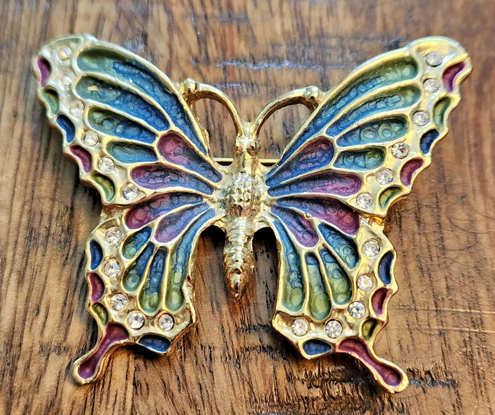 Vintage Butterfly Brooch features a Gold Tone Base w/ Enamel- Blue Green Purple