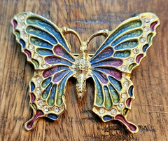 Vintage Butterfly Brooch features a Gold Tone Base w/ Enamel- Blue Green Purple