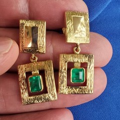 Original EARTH MINED EMERALD Deco Design Earrings Vintage Style Dangles 14K GOLD