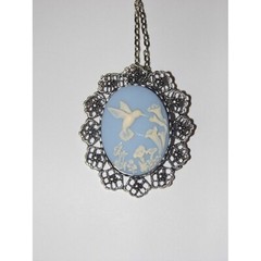 HUMMINGBIRD BLUE CAMEO VICTORIAN GARTER BROOCH PIN HAT NECKLACE MOM WIFE GIFT