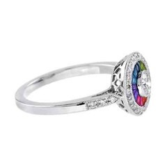 Art Deco Style Lab Created Rainbow Sapphire Diamond Ring 14K White Gold Finish