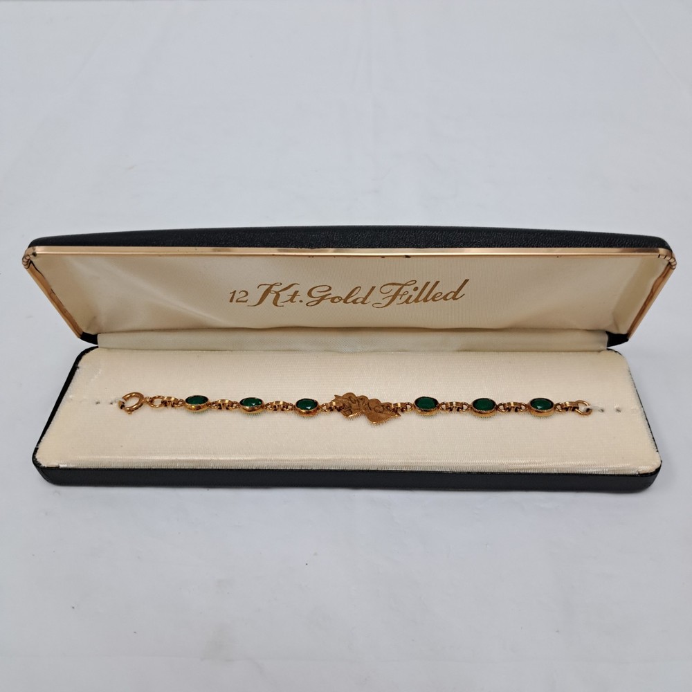 Vintage 6.5 In 12k Gold Filled Green Stone Double Heart Tennis Bracelet With Box