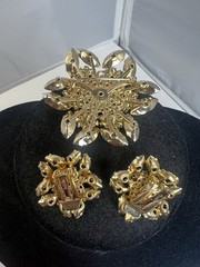 Vtg Judy Lee Green Marquise Rhinestone Starburst Flower Gold Tone Demi Parure