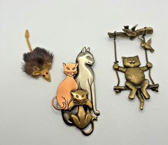 Brooch Lot Cat Lovers Mouse Animal Bronze And Gold Tone Figural Pins Read