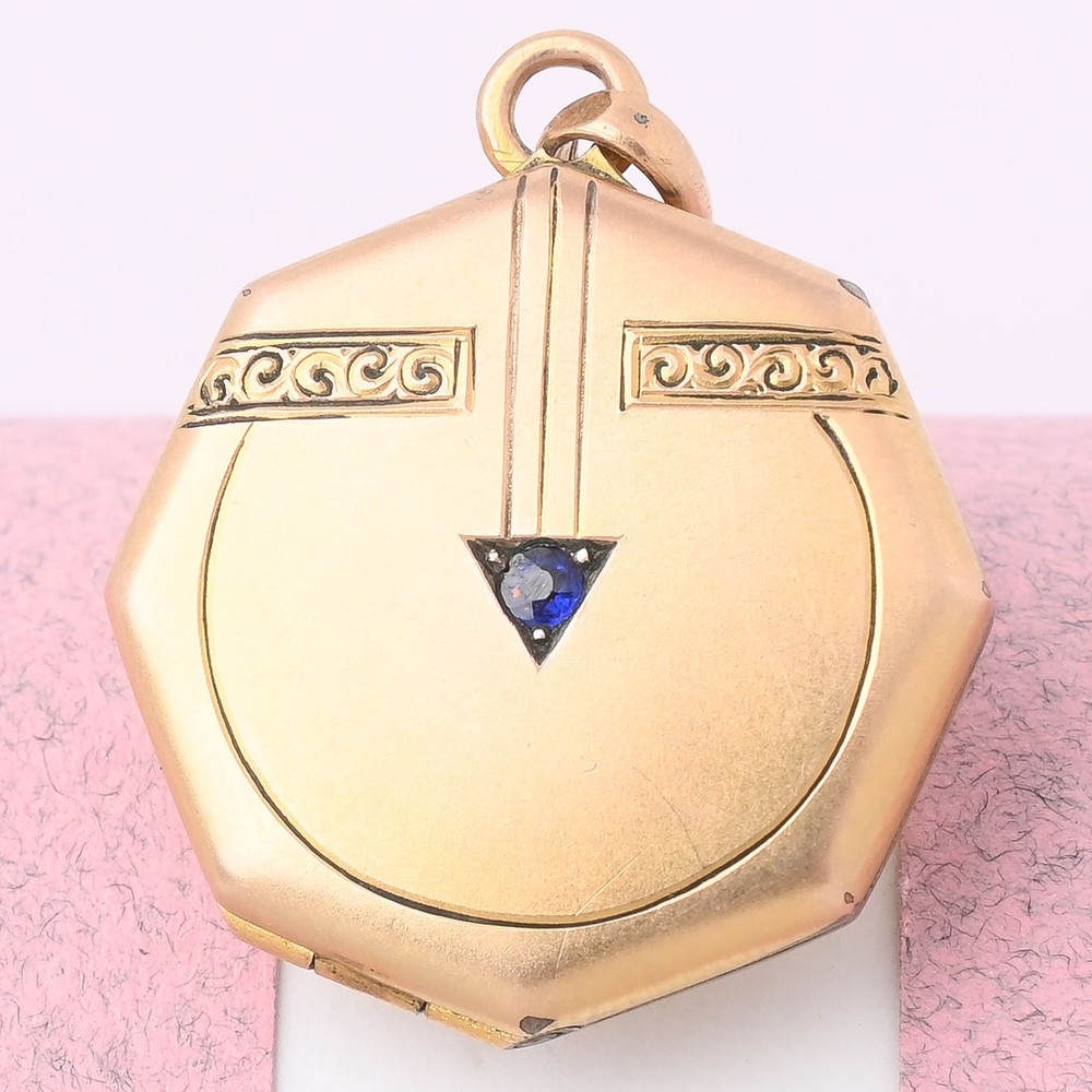 Antique Art Nouveau Jugendstil Gold Filled Blue Paste Octagon Pendant Locket