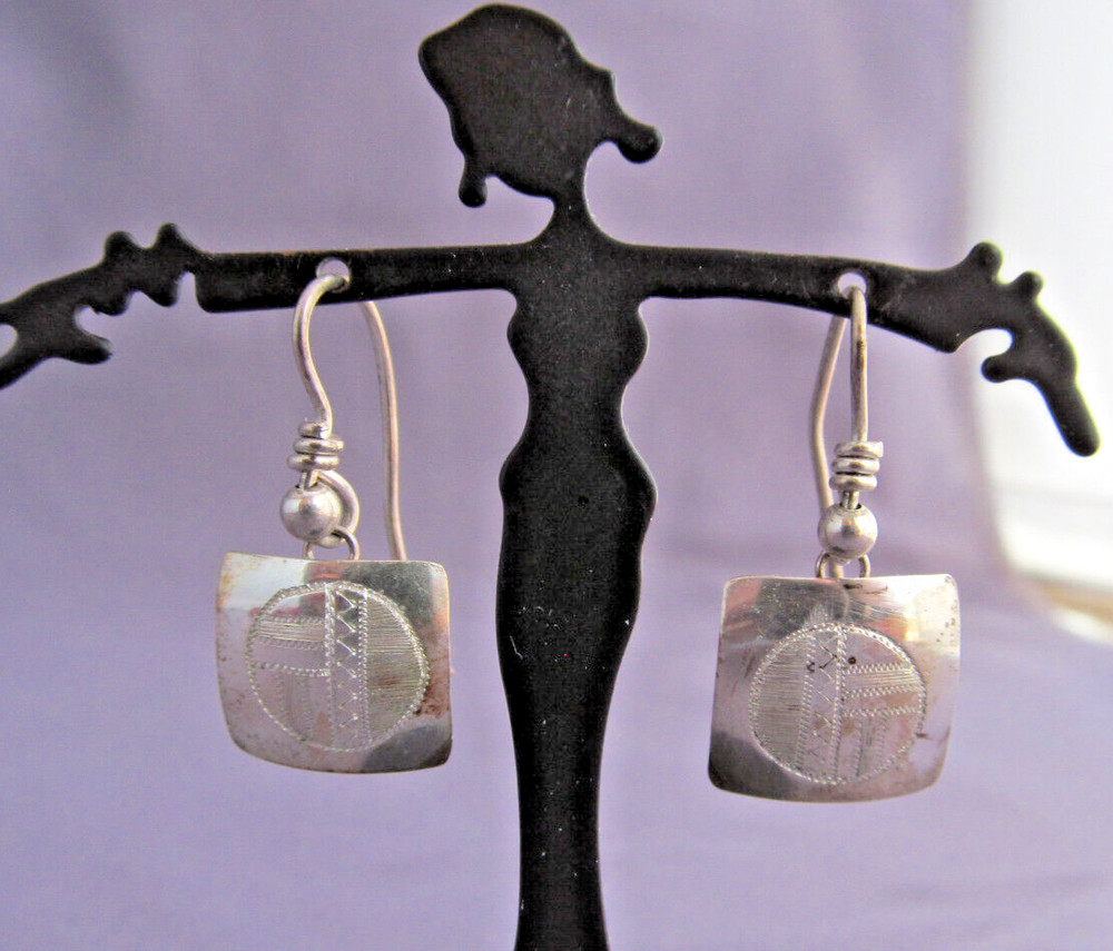 VINTAGE OLD PAWN STERLING HOPI HOWARD SICE ETCHED SQUARE DANGLE PIERCED EARRINGS