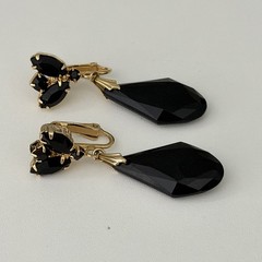 Vintage Jet Black Glass Earrings Gold Tone Clip On Dangles