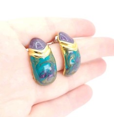 Vintage Enamel Swirl Huggie Stud Earrings Retro Purple Green Statement Jewelry