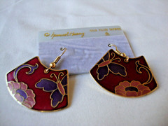 VINTAGE SAMUEL HUANG CLOISONNE BUTTERFLY FLORAL FAN PINK PURPLE & RED EARRINGS