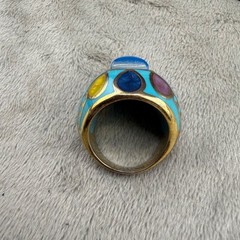 Enamel Dome Ring Blue Abstract Stainless Steel Gold Tone Size 8.75