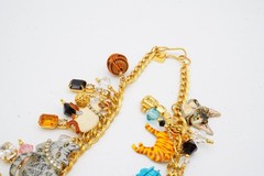 Vintage Lunch At The Ritz Necklace Gold Tone Kitty Cat Charm Rhinestone 22″