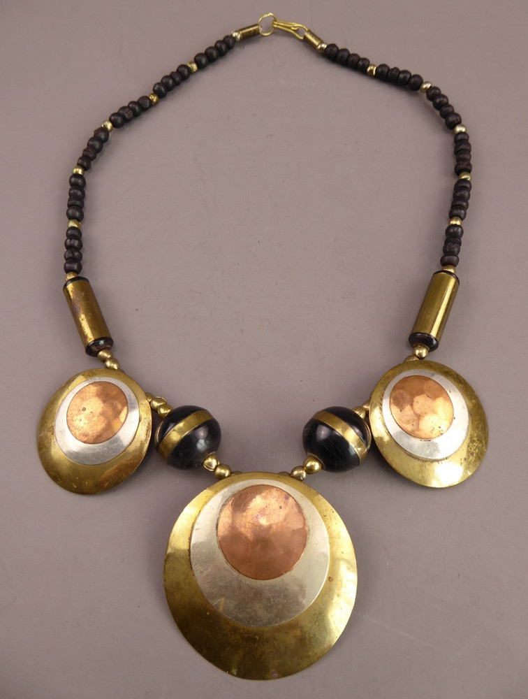 Vintage Necklace Big Ethnic Mixed Metals, wood beads, brass, copper, silver