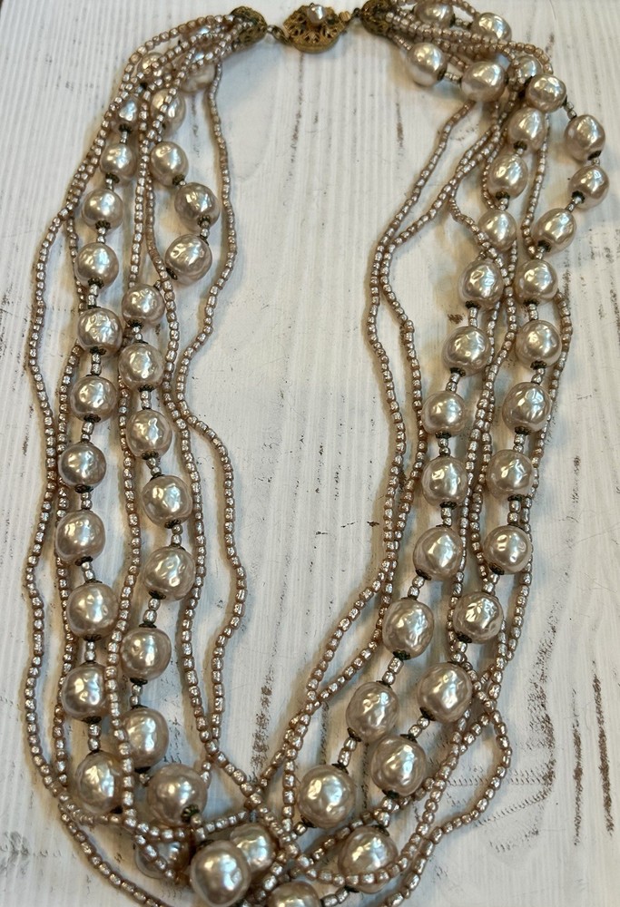 Vintage MIRIAM HASKELL Faux Baroque +Seed Pearl Multi Strand Necklace Signed WOW