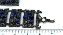 Silver Blue Stone Bracelet Lapis Pearl Vtg Ornate Brutalist Panel Mixed Metals