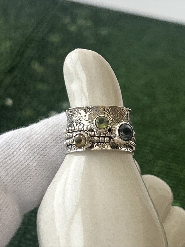 Vtg.signYS Sterling Silver Blue Topaz Peridot Citrine Spinner Band Ring Sz 8