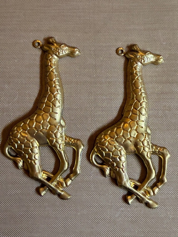 Vintage Brass Giraffe Charms 80mm Safari Animal Jewelry Findings Lot of 2 NOS