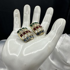 Vintage Multicolored Geometric Rhinestones PanelClip on Earrings. See pics.