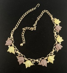 Vintage 1950’s Yellow And Lavender Thermoset And Rhinestone Tulip Necklace