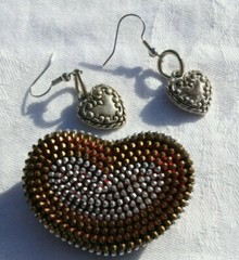 Silver Tone Puffy Hearts Pierced Earrings Studded Heart Brooch Vtg
