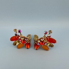 Vintage Rhinestone Clip On Earrings Orange Yellow Frosted Lucite Flower Climbers