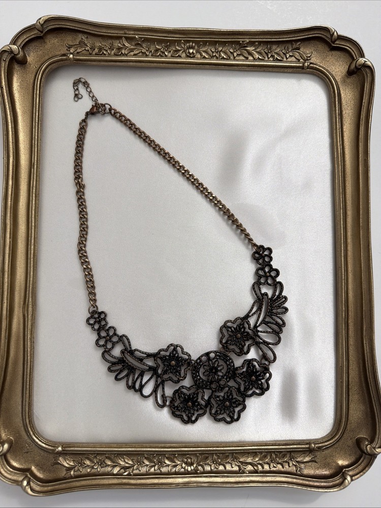 Vintage Style Bronze Filigree Floral Bib Necklace Statement Boho Cottagecore