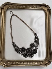 Vintage Style Bronze Filigree Floral Bib Necklace Statement Boho Cottagecore